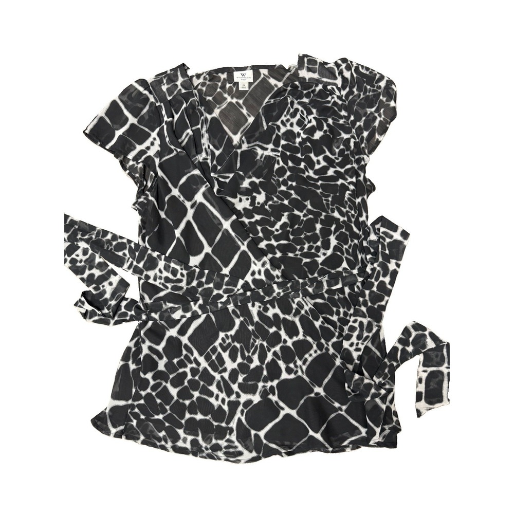 Worthington Woman 2X Black White Abstract Animal Print Wrap Tie Blouse